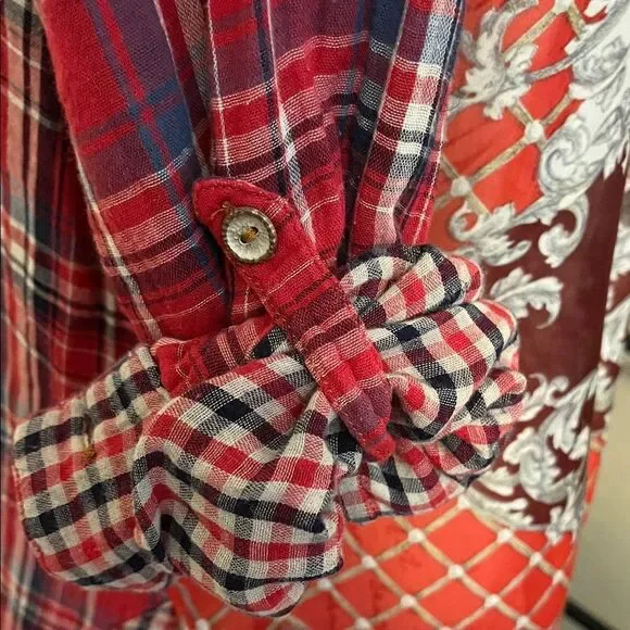 Aratta Silent Journey Red Plaid Floral Design Button-Up Mixed Media Shirt Boho - Picture 5 of 9